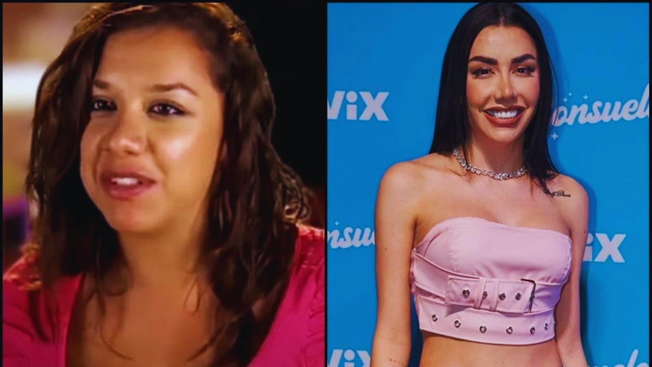 Dos fotos de Karime Pindter con blusas rosadas.