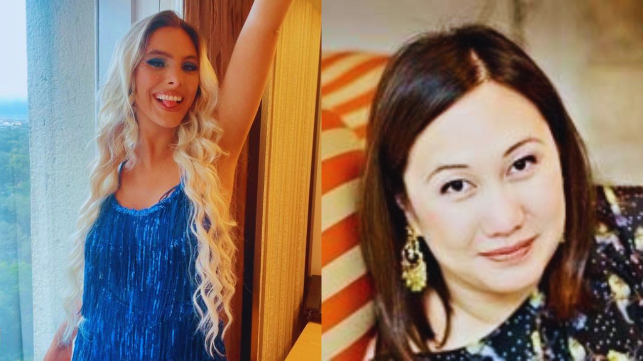 Lele Pons con vestido azul eléctrico en la foto de la izquierda, junto a ella, Melissa, la escritora.