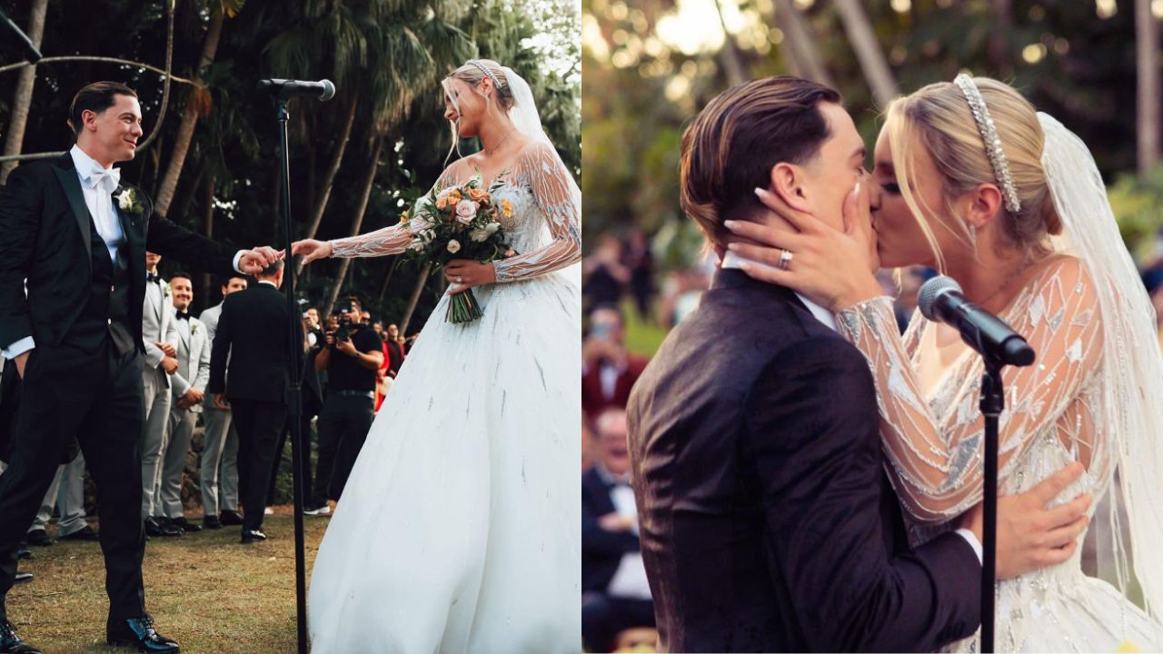 Lele Pons y su esposo Guaynaa en su boda, vestidos de blanco y negro.