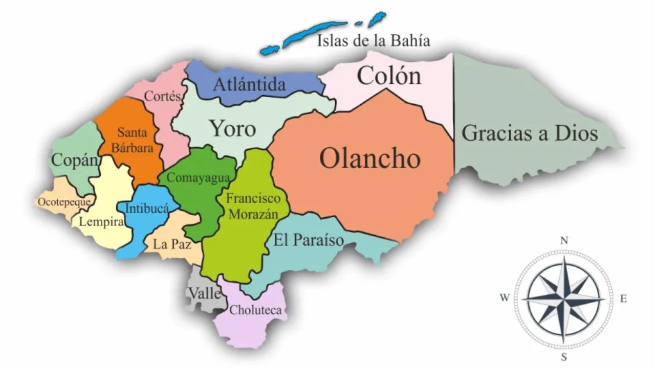 El mapa de Honduras con sus 18 departamentos, cada uno con su nombre y diferentes colores. 
