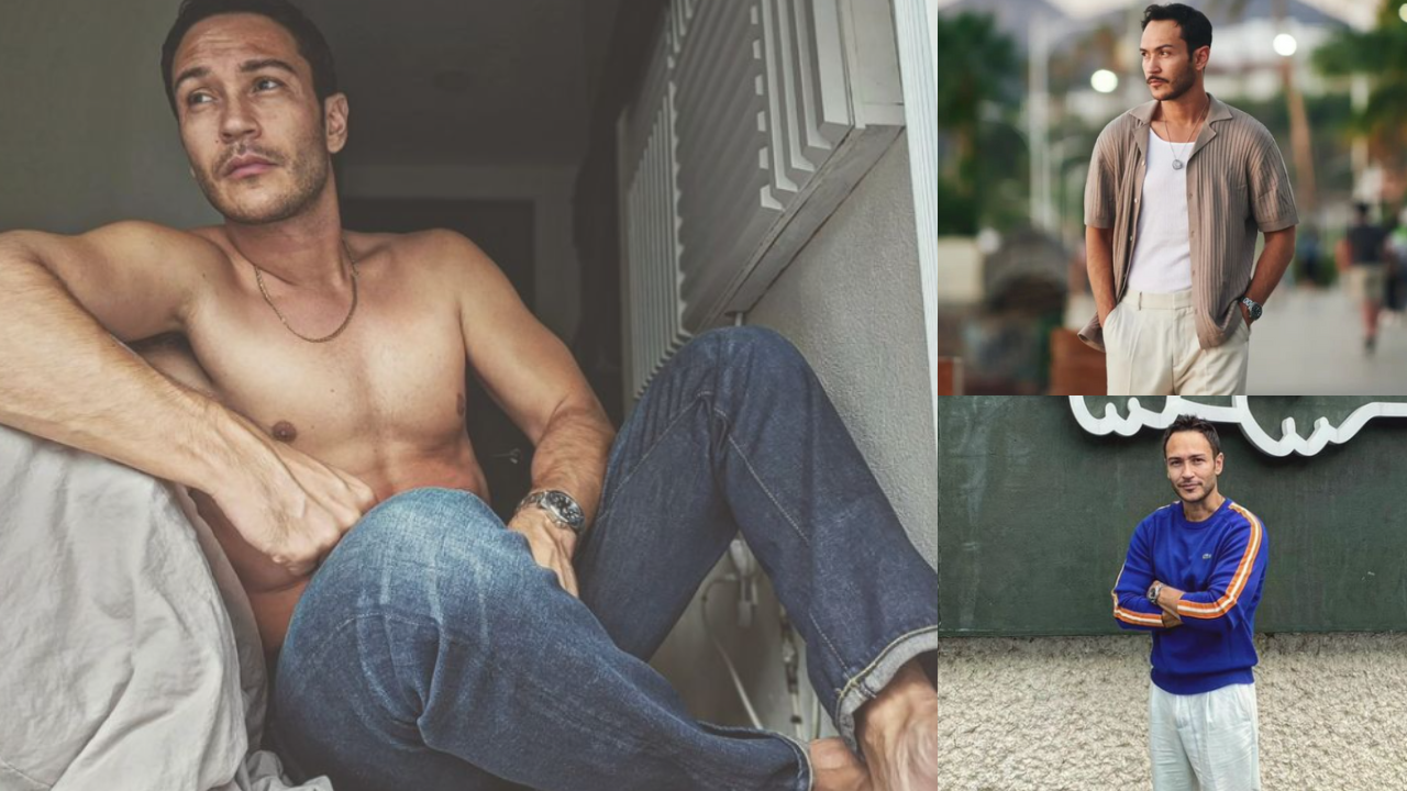3 fotos de Markin, en la foto de la izquiera, sale sin camisa y con pantalón jean azul, en las demás fotos sale con camisa blanca y camiseta encima color beige, en la foto de abajo, sale con suéter azul y pantalón blanco.