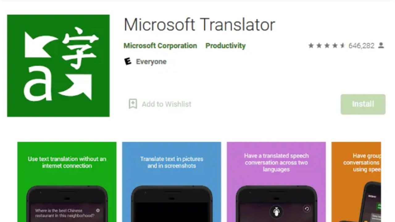 Captura de pantalla de la app Microsoft Translator color verde y las letras en blanco.