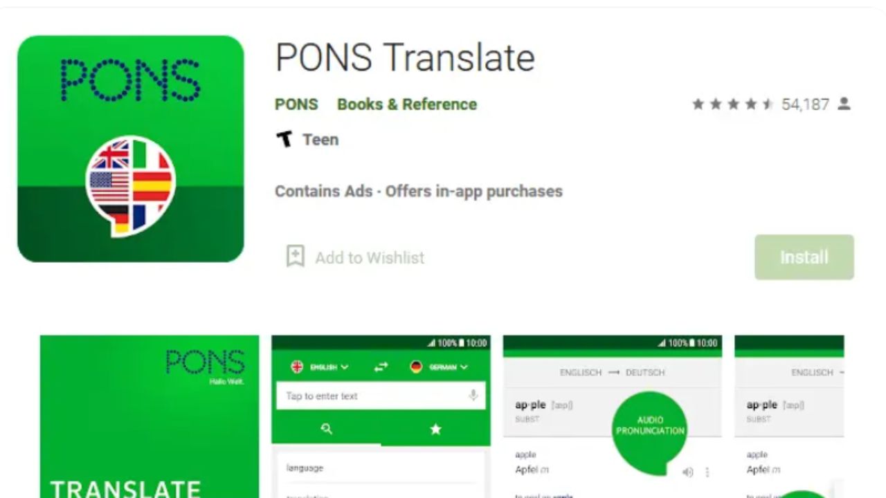 Aplicación PONS Translate color verde con algunas banderas de varios países del mundo. 