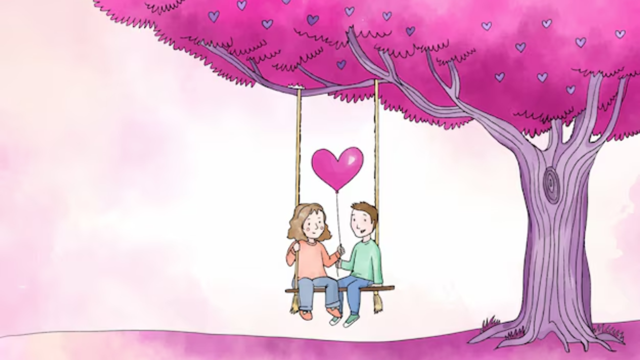Una pareja sentados en un columpio color café, bajo un árbol rosado.