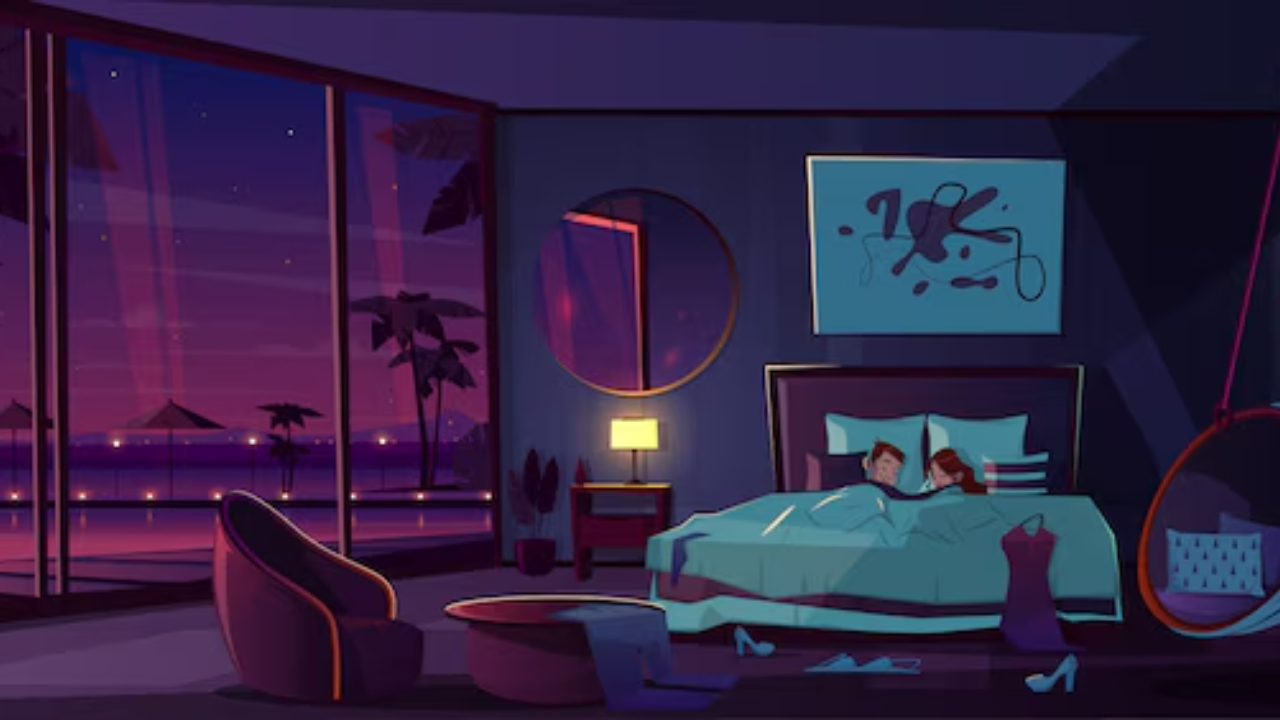 Una imagen animada en color morado de fondo donde se ve una pareja acostada contando un cuento en una habitación a la orilla del mar.