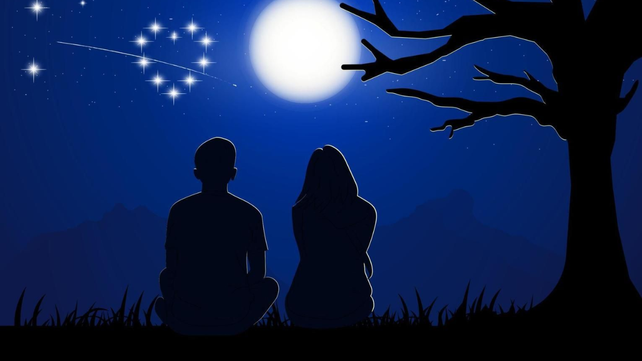 Una foto donde se ve a una pareja sentada bajo la luz de la luna blanca y el resplandor del cielo azul.