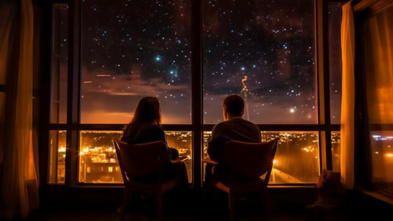 Pareja sentada viendo por la ventana mientras cae la mágica brisa.