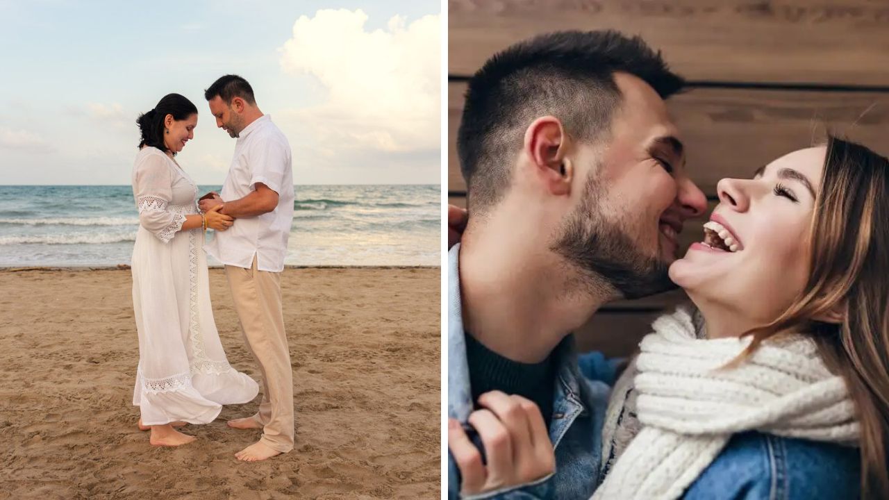 Dos parejas de novios la primera en la playa la segunda riendose con una pared cafe