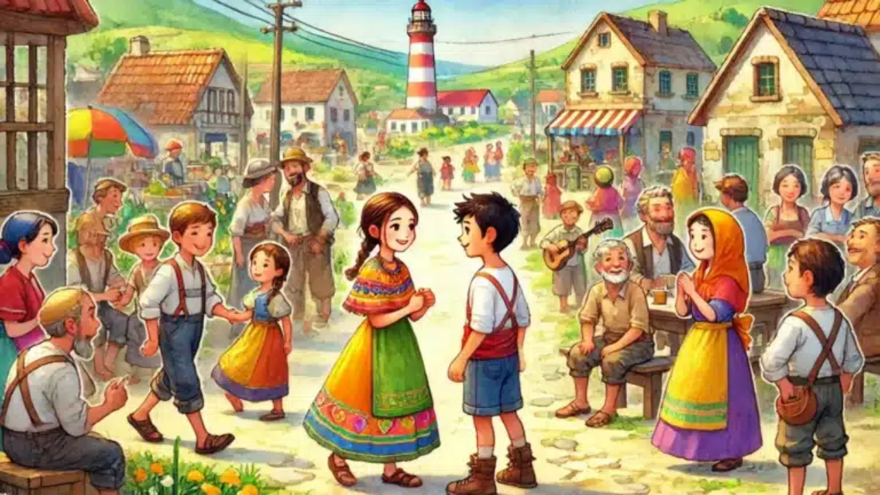 Muchas personas alrededor de las casas de un pueblo, vestidos con atuendos llamativos y coloridos.
