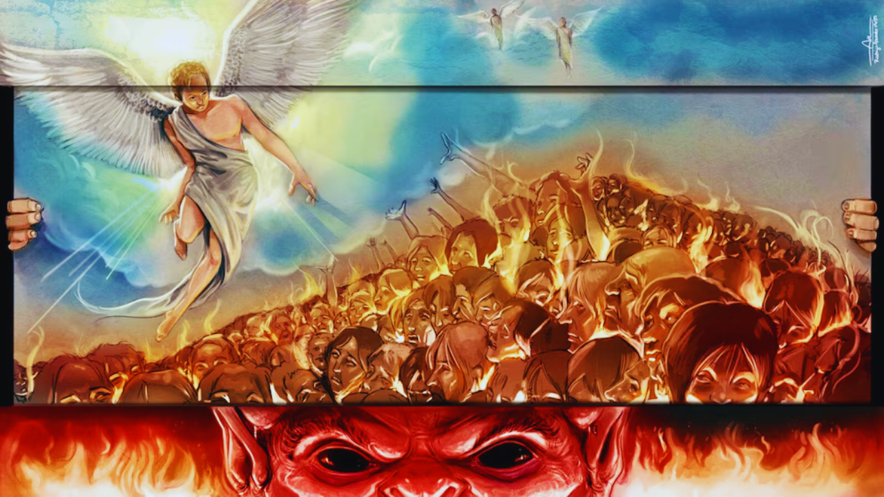 Pintura ilustrativa del cielo, color azul con ángeles blancos con alas y el purgatorio, con personas en llamas color rojo. 
