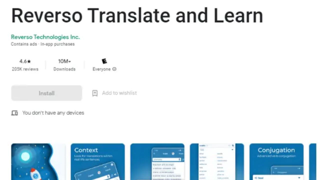 Captura de pantalla de la app Reverso Translate and Learn.