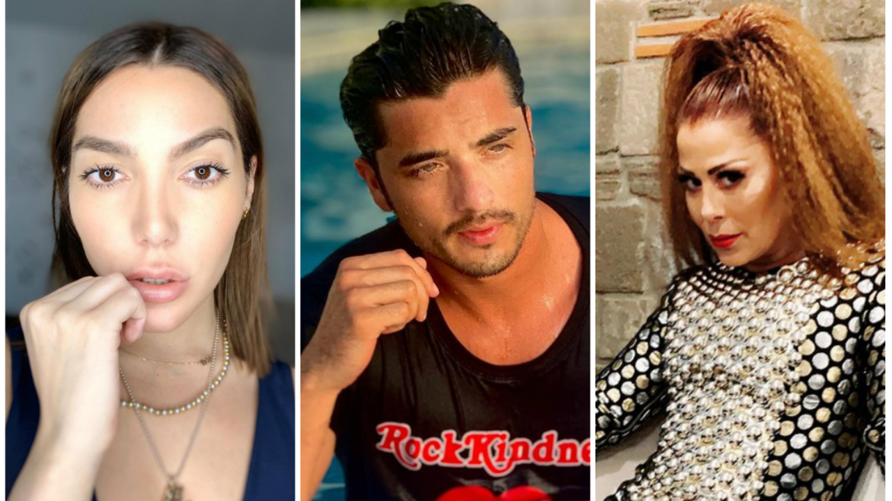 Frida Sofía a la izquierda con blusa color azul oscuro, Christian, el exnovio de Frida en medio con camisa color negra con letras rojas y Alejandra Guzmán a la derecha con vestido de lentejuelas color plateado y dorado. 