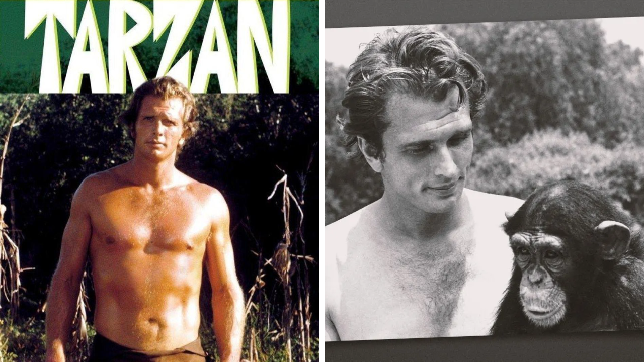 Portada de  la pelicula Tarzán  y Ron Ely junto a un mono 