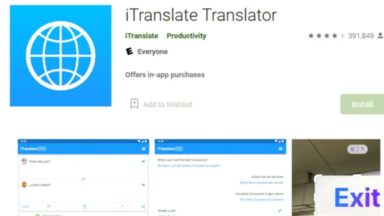 Aplicación Translate Translator, color azul con una figura del mundo color blanco.