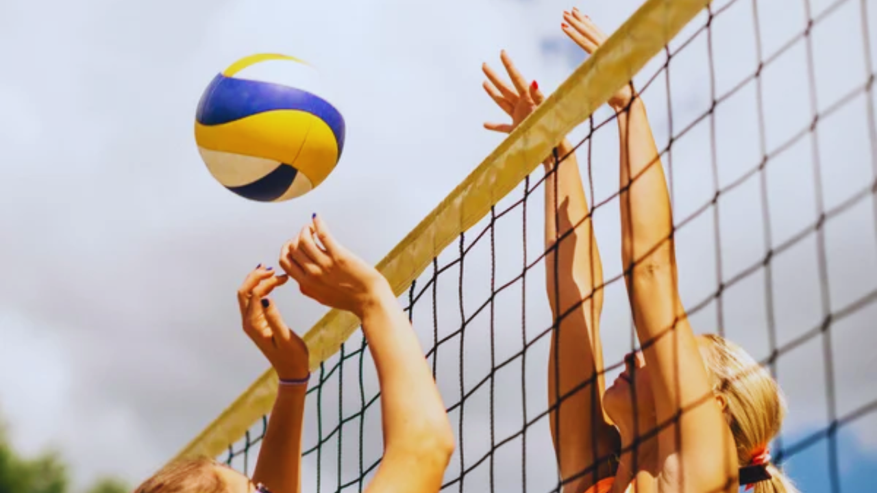 Dos mujeres las cuales solo se logra apreciar los brazos y cabezas de ellas, en medio de ellas una red de voleibol y una pelota color azul, amarilla y blanca.