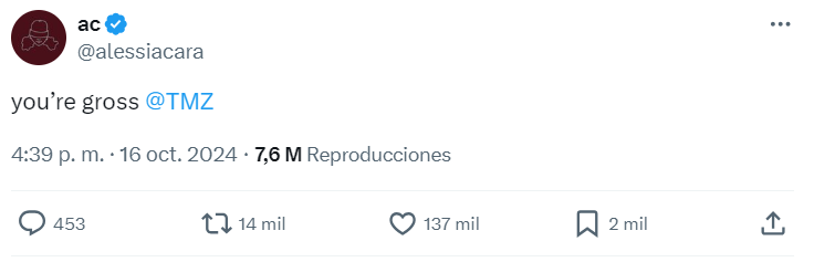 Foto de la reacción de Alessia Cara en contra de TMZ por publicar fotos del cuerpo de Liam Payne