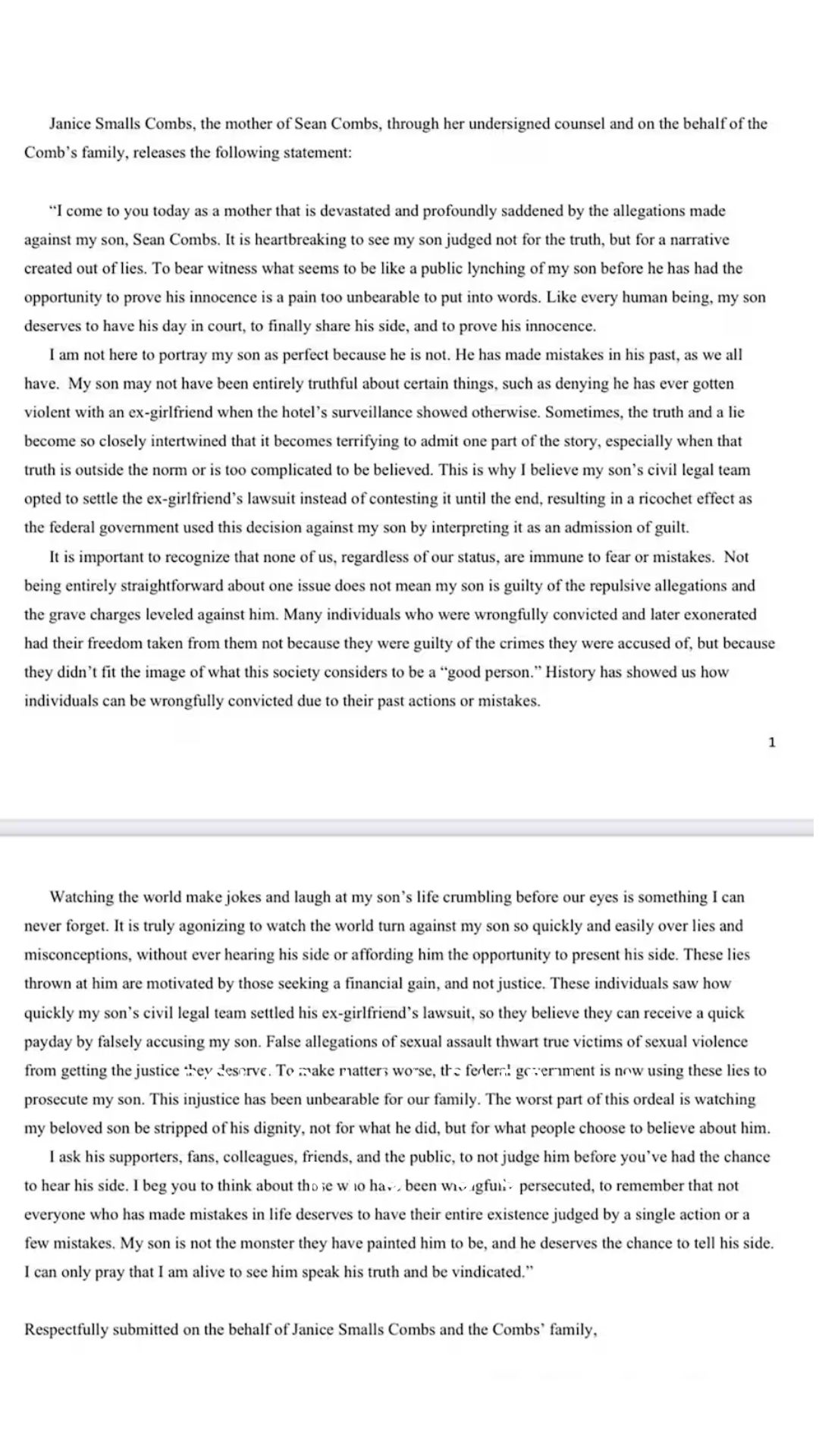 Comunicado que publicó la madre de Diddy Combs en defensa de su hijo.