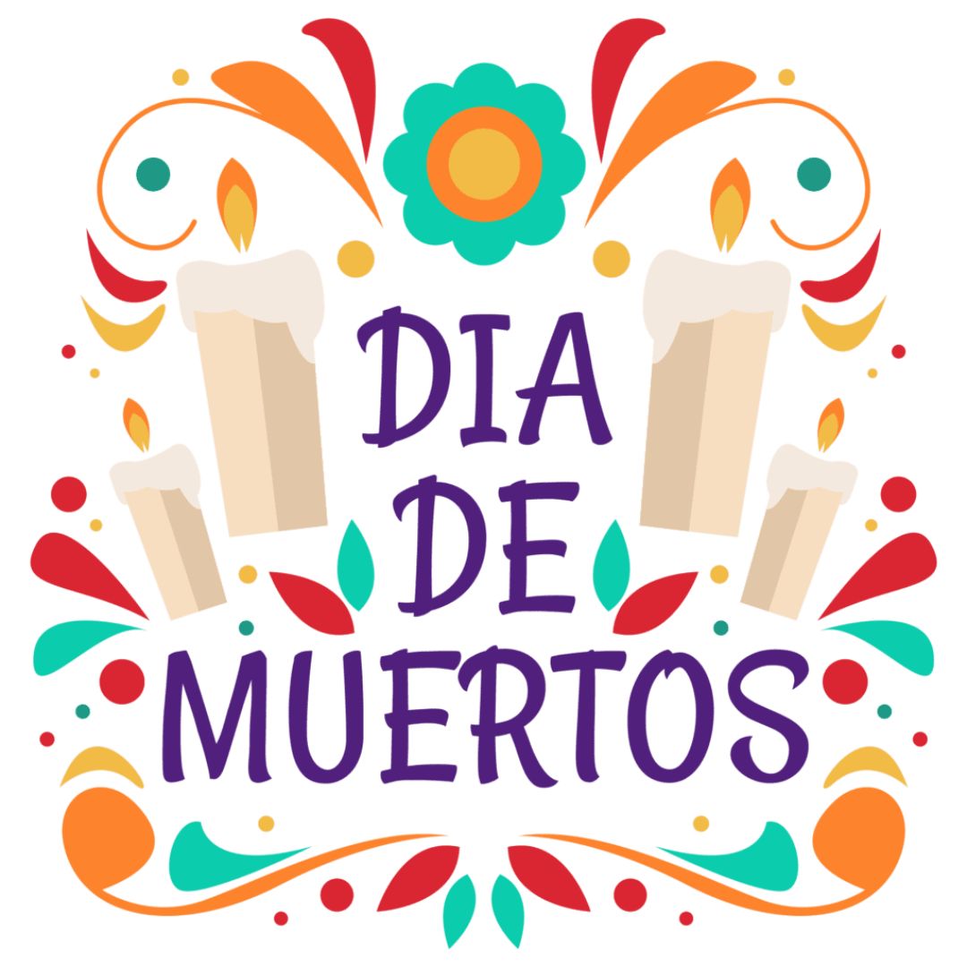 Imágenes coloridas con velas, representativo del día de los muertos.