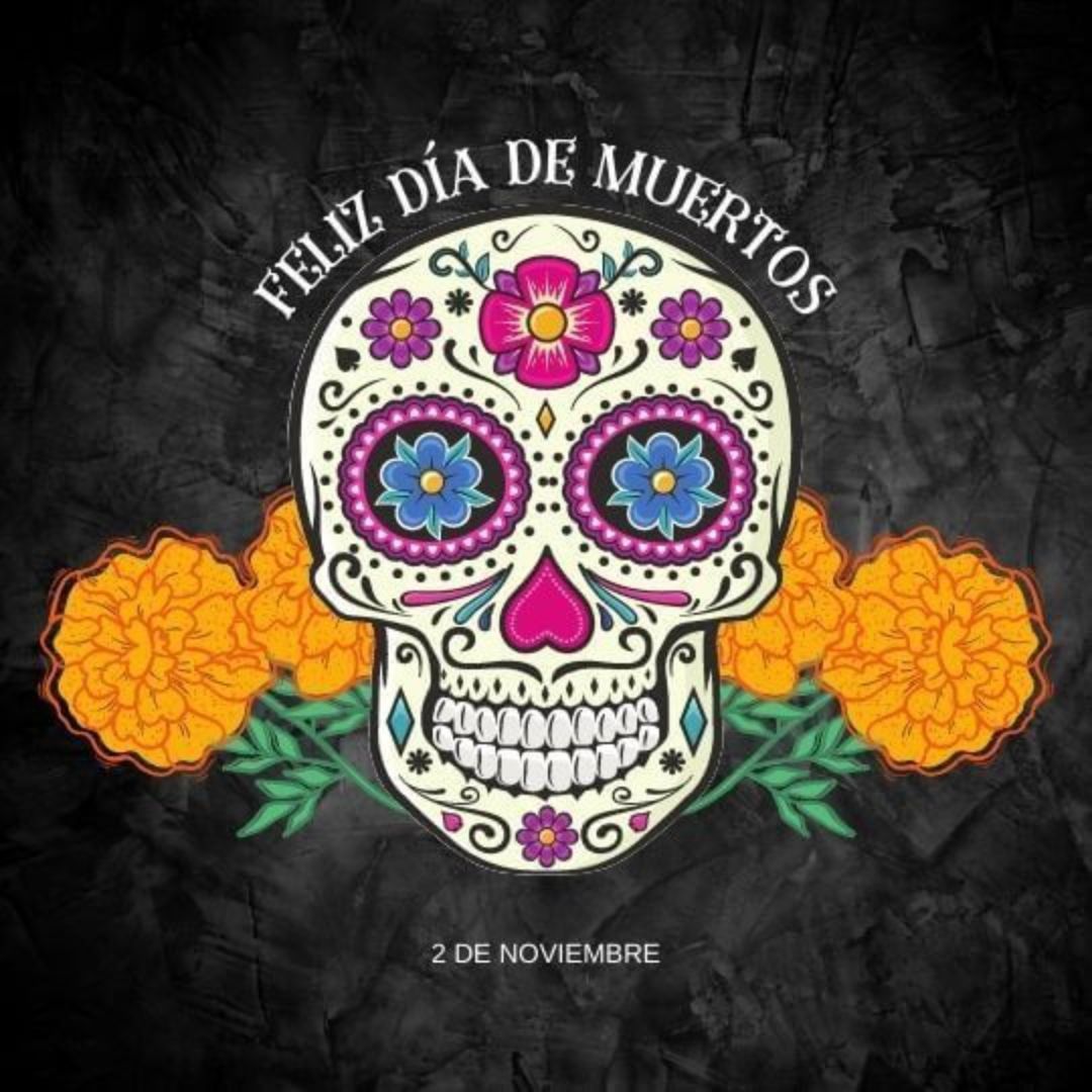 Esta calavera llena de vida y color refleja la alegría y el respeto que rodea al Día de los Muertos