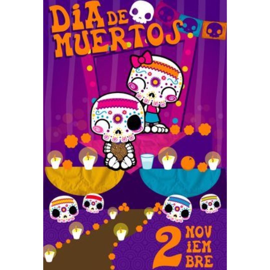 Calavera festiva adornada con colores intensos, un símbolo icónico del Día de los Muertos.