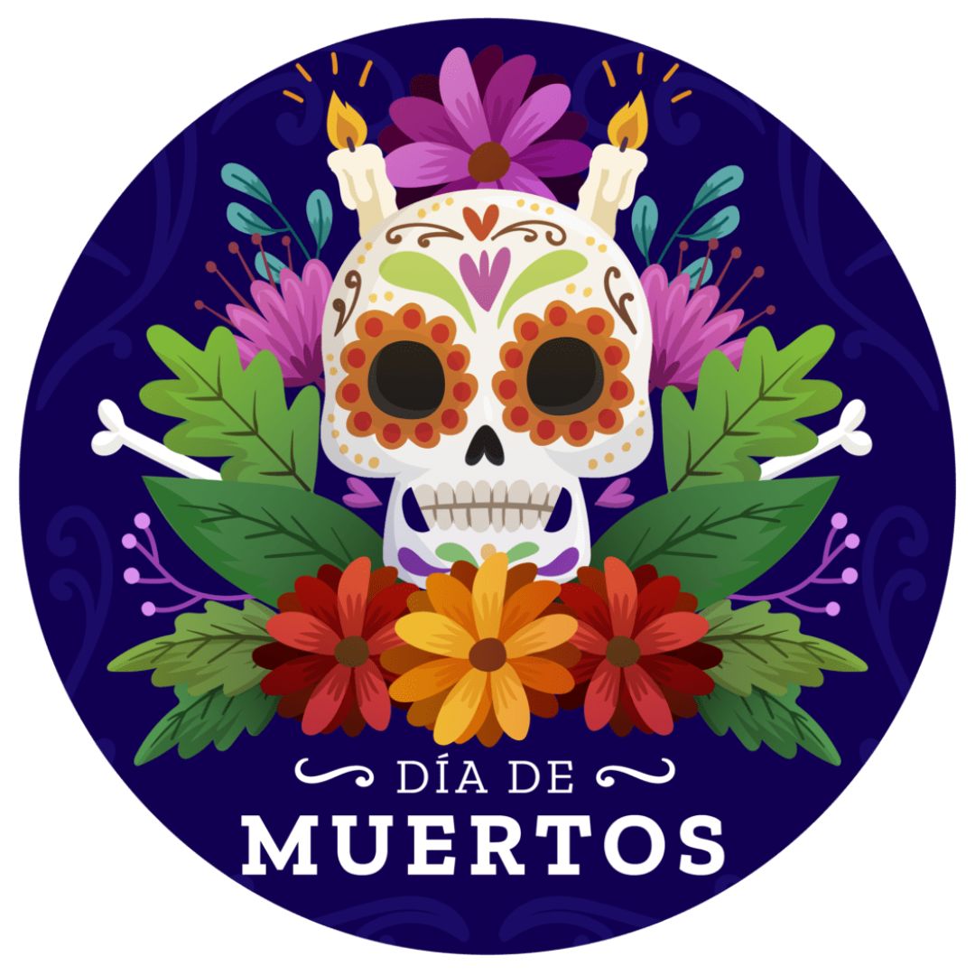 Arte tradicional del Día de los Muertos, una calavera decorada con colores vivos y simbólicos.