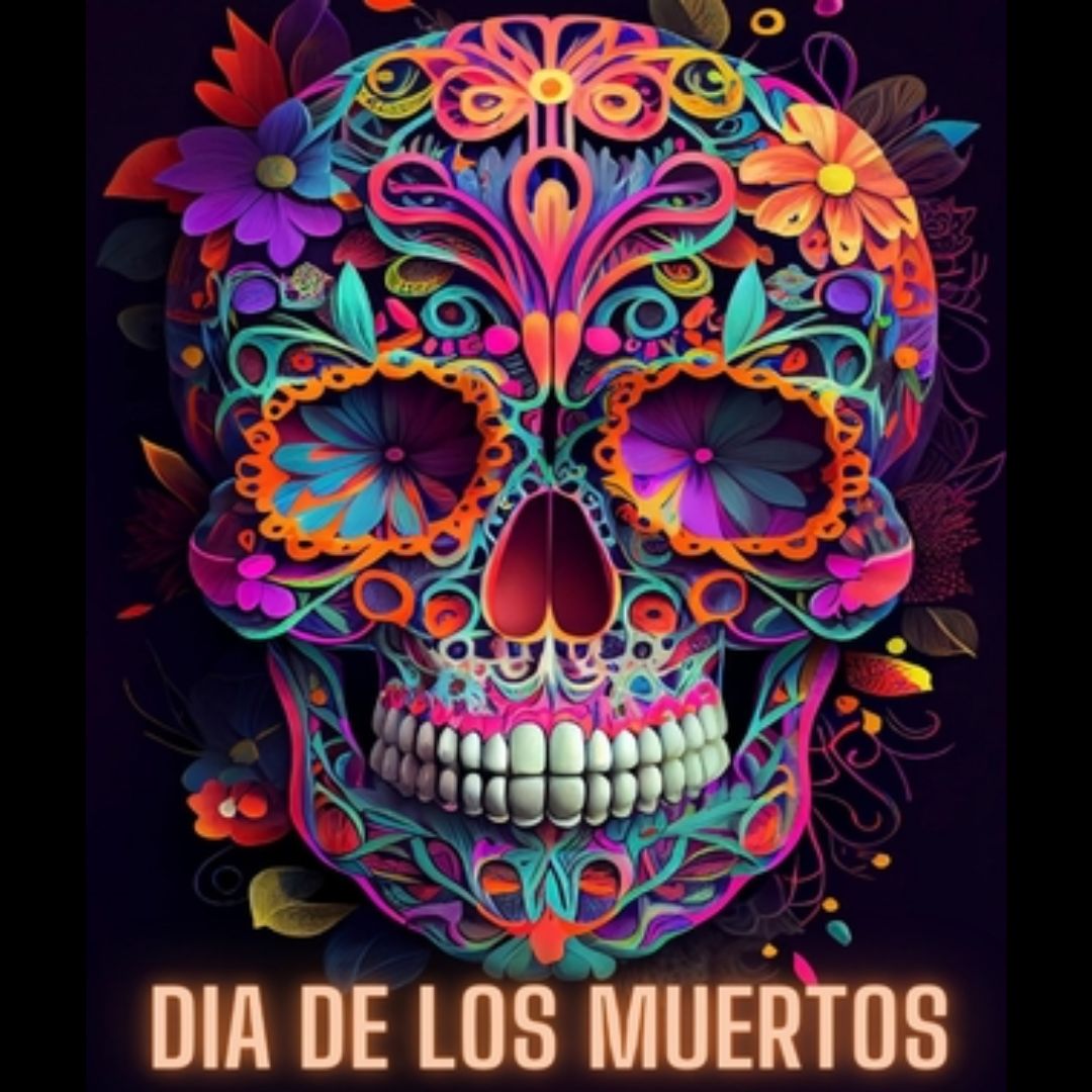 Colorida calavera representando la esencia del Día de los Muertos, con detalles vibrantes.
