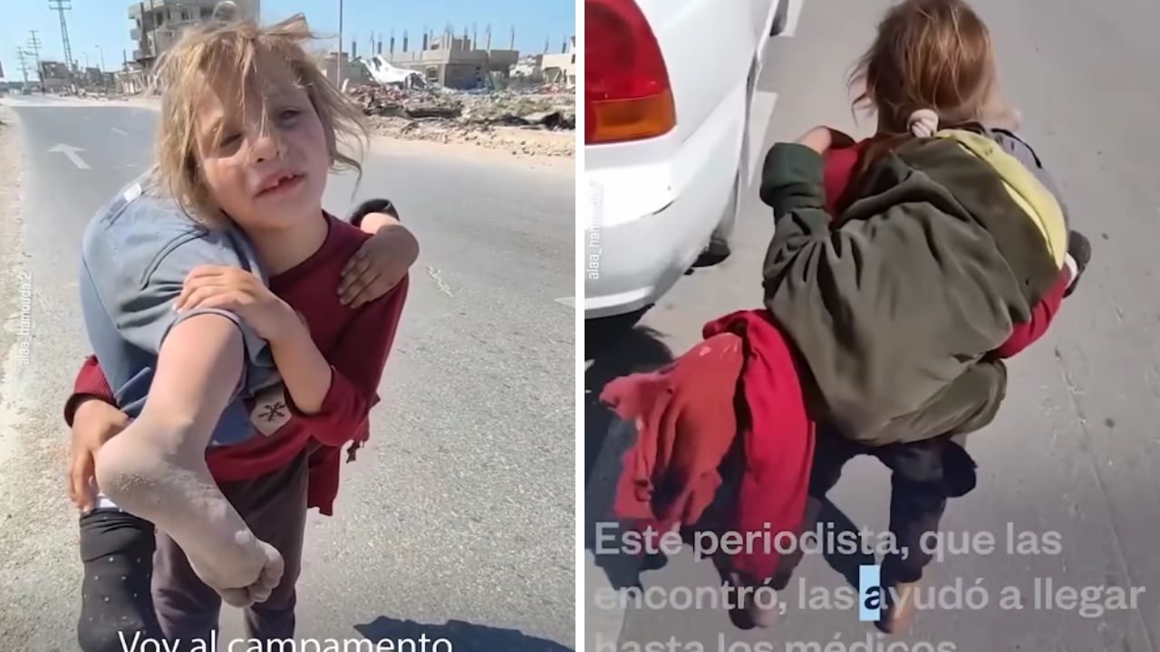 Niña carga en la espalda a su hermana herida en Gaza Imagen de Niña carga en la espalda a su hermana herida en Gaza