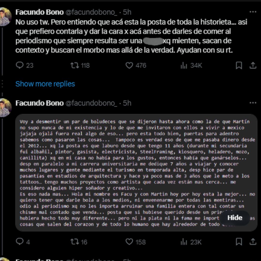 Mensaje de X de Facundo Bono, hijo de Demichelis.