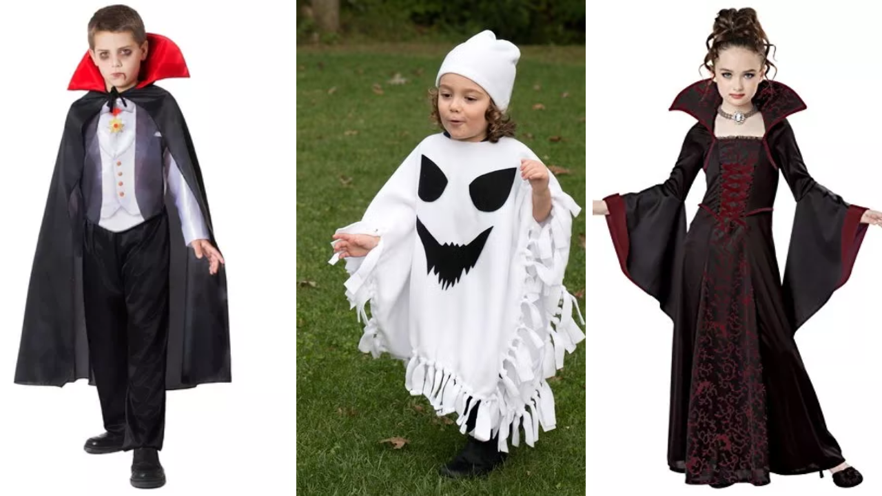 niños con sus disfraces de vampiro y fantasma