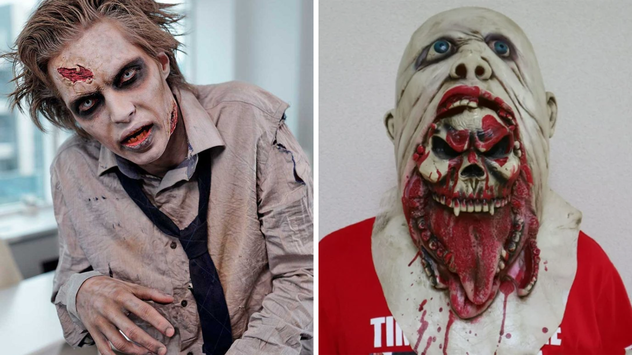 Hombres disfrazados con mascara de zombie y maquillados
