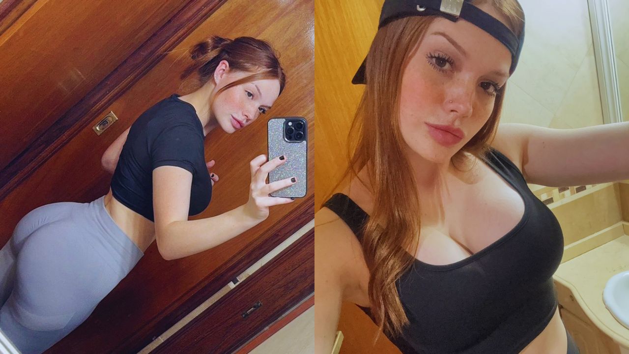 Brisa Marcos vestida de gris y negro en las dos fotos.