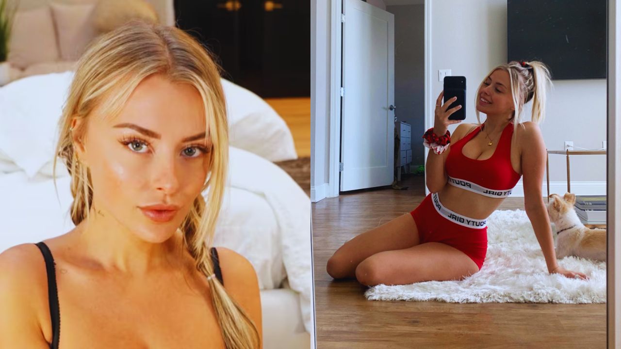 Corina Kopf en dos fotos, en la foto de la derecha aparece con un traje deportivo color rojo.