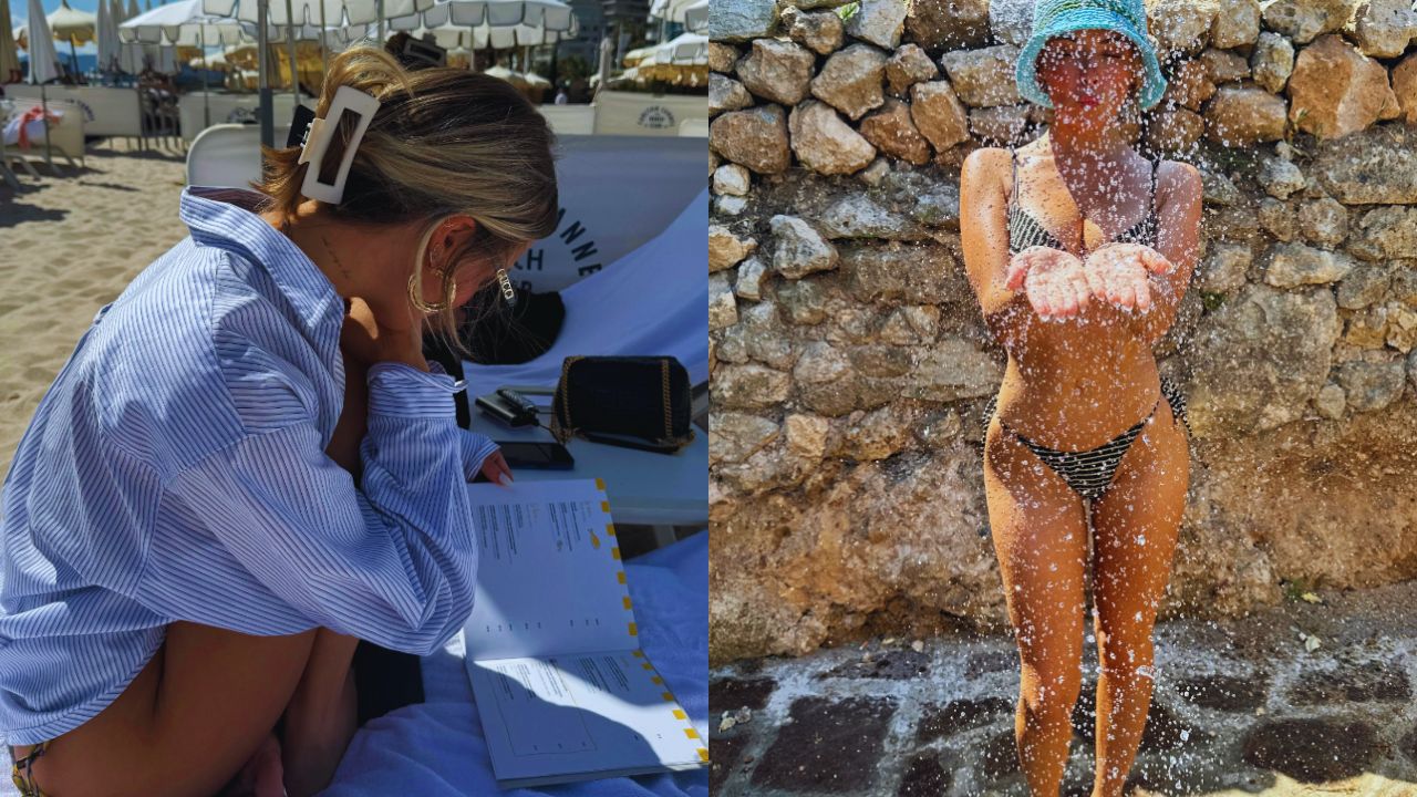 Dos fotos de Corinna Kopf. La foto de la izquierda sale con una camisa manga larga blanca y azul rayada. En la foto de la derecha aparece con traje de baño negro con líneas blancas.