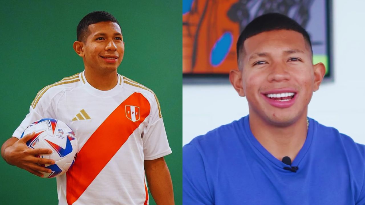 Dos fotos de Edison Flores vestido de blanco y rojo en la foto de la izquierda y de camisa azul en la foto de la derecha.