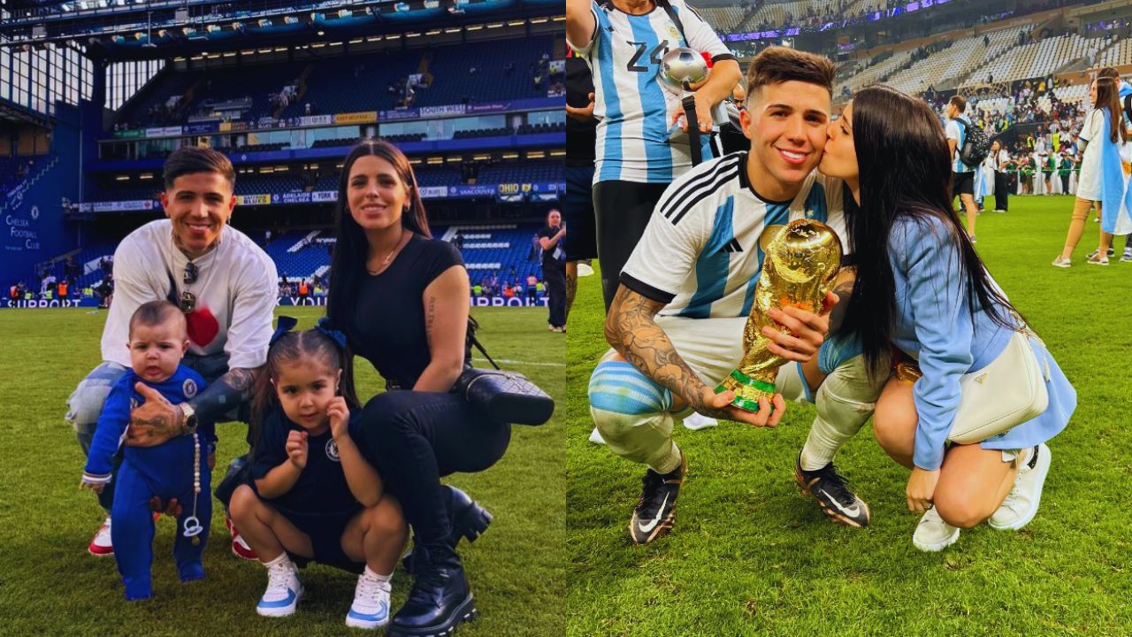 Enzo y Valentina en las dos fotos, en la foto de la izquierda, aparecen vestidos de blanco y negro. En la foto de la derecha, aparecen vestidos de azul.