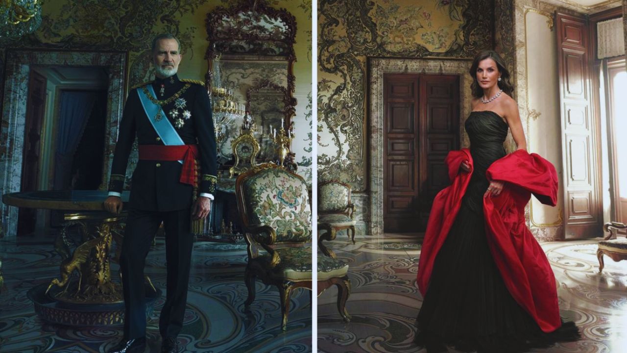 Fotos del los Reyes de España vestidos de negro y rojo.