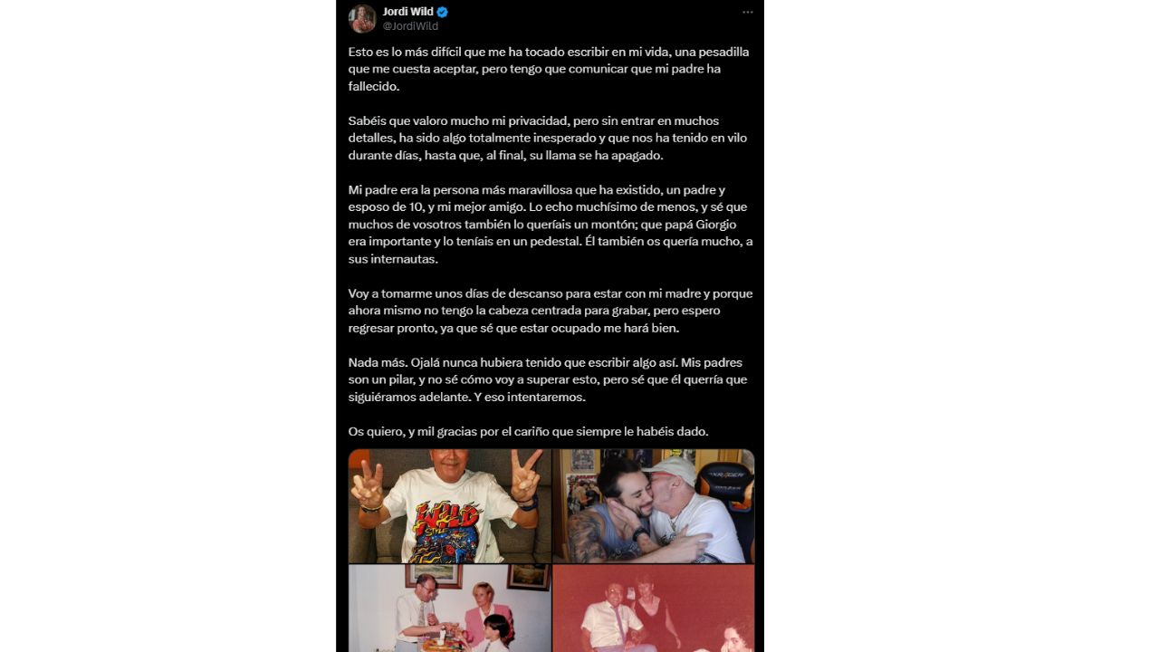 Publicación de Jordi Wild en la red social X, respecto a la muerte de su padre.