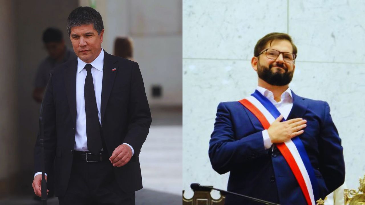 Una foto de Manuel Monsalve vestido de traje formal negro y blanco. Al lado derecho de la foto sale Gabriel Boric, vestido de traje formal color azul.