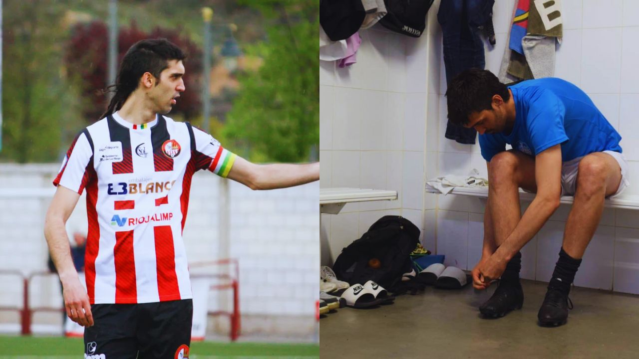 Miguel Ledo en dos fotos, la foto de la izquierda sale con la camisa del club que es color blanco y rojo. En la foto de la izquierda, sale con una camisa color azul y calzoneta blanca.