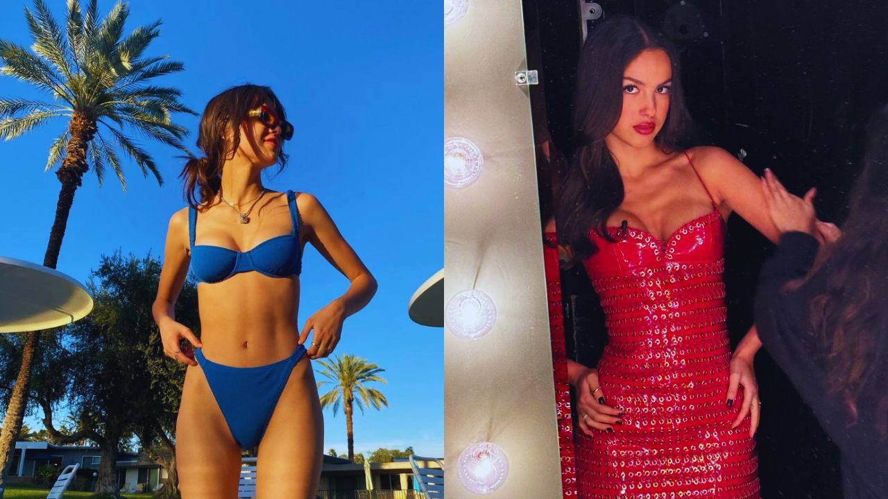 Olivia Rodrigo en dos fotos, la foto de la izquierda aparece con traje de baño color azul, en la foto de la derecha sale con vestido rojo.