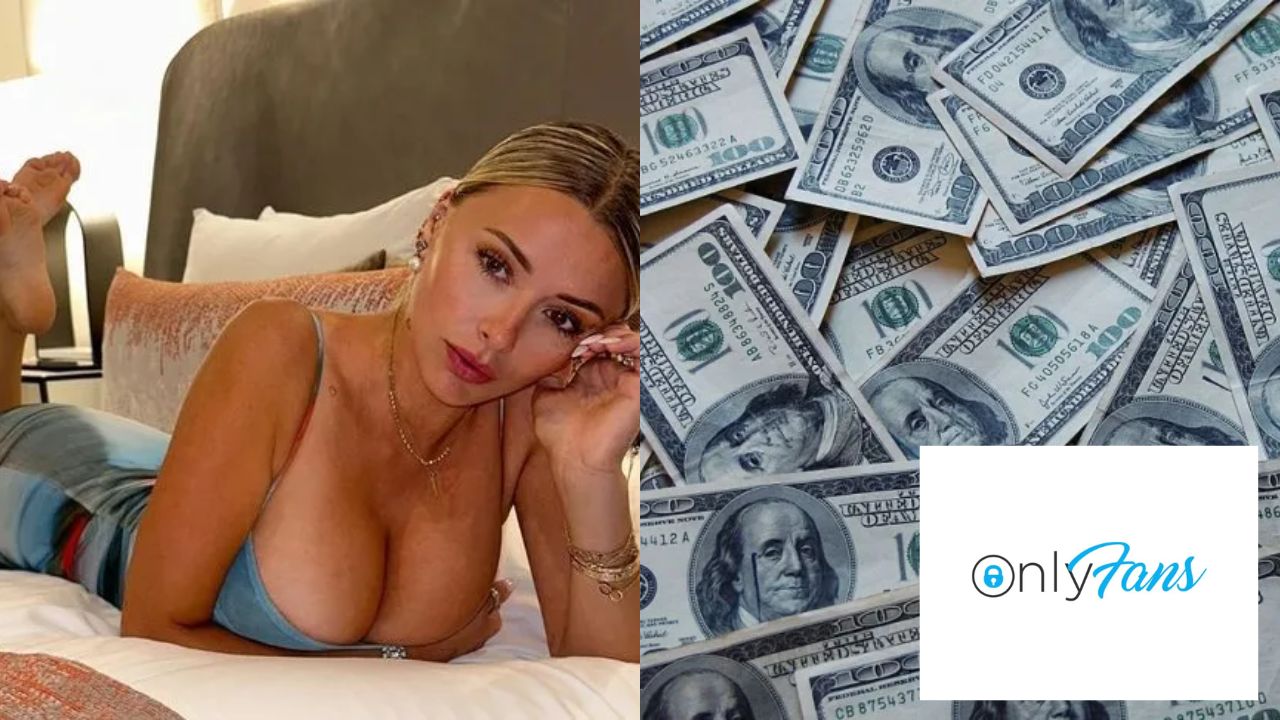 Corinna Kopf en la imagen con un vestido azul claro. Al lado de la imagen salen varios dólares con el logo de Only Fans.