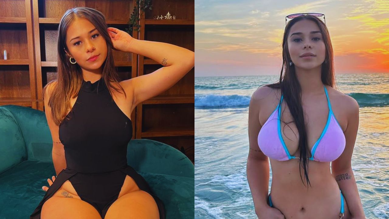 Dos fotos de Sophie Rain, en la foto de la izquierda sale con vestido negro, en la foto de la derecha aparece con traje de baño color rosado y azul.