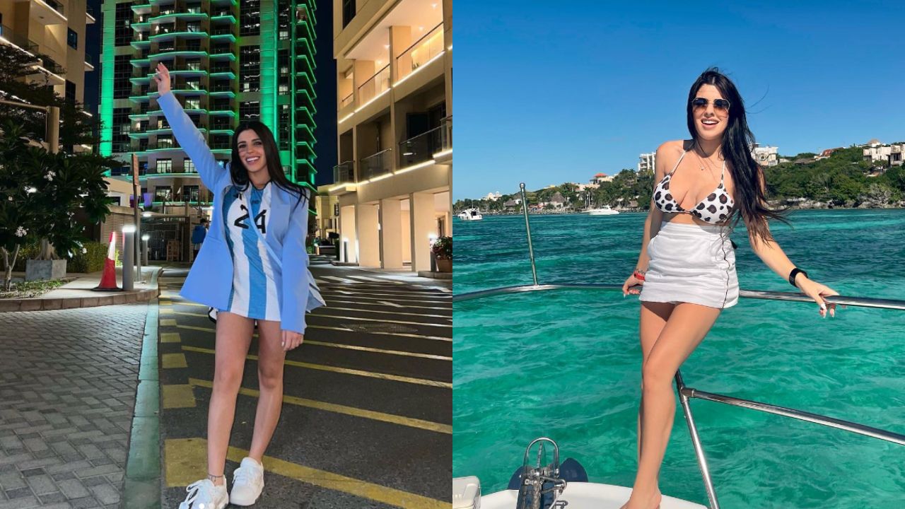 Valentina Cervantes en dos fotos, en la foto de la izquierda aparece vestida de azul y en la foto de la derecha sale con un traje de baño color blanco.