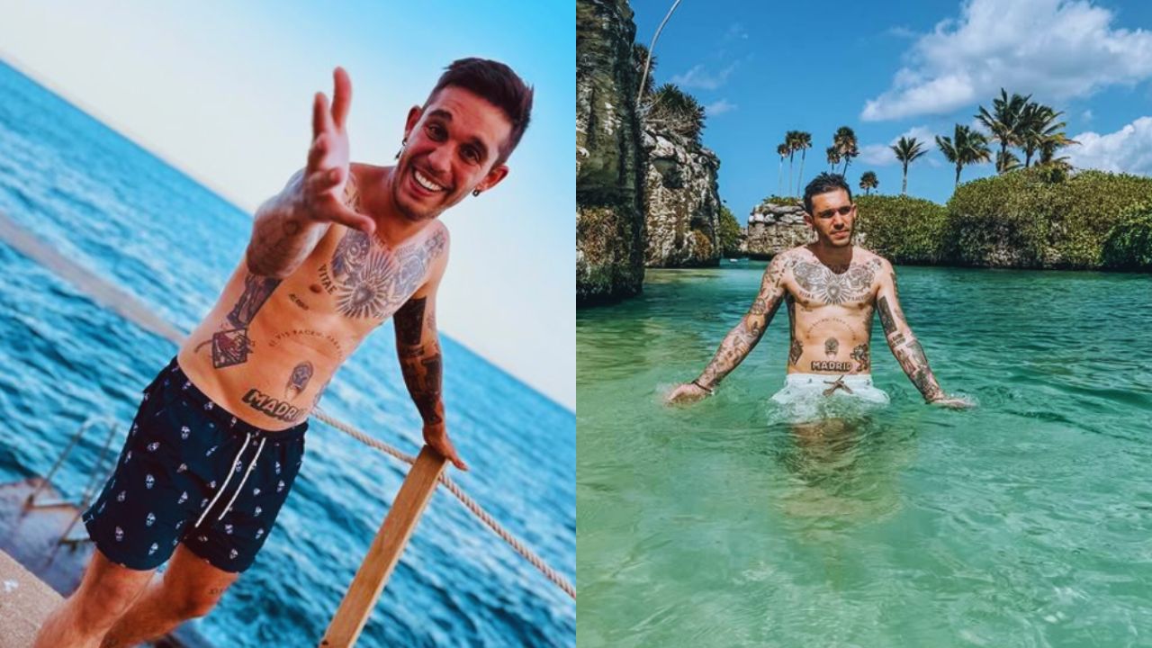 Dos fotos de Víctor con calzoneta azul y blanca. uno de sus hijos.