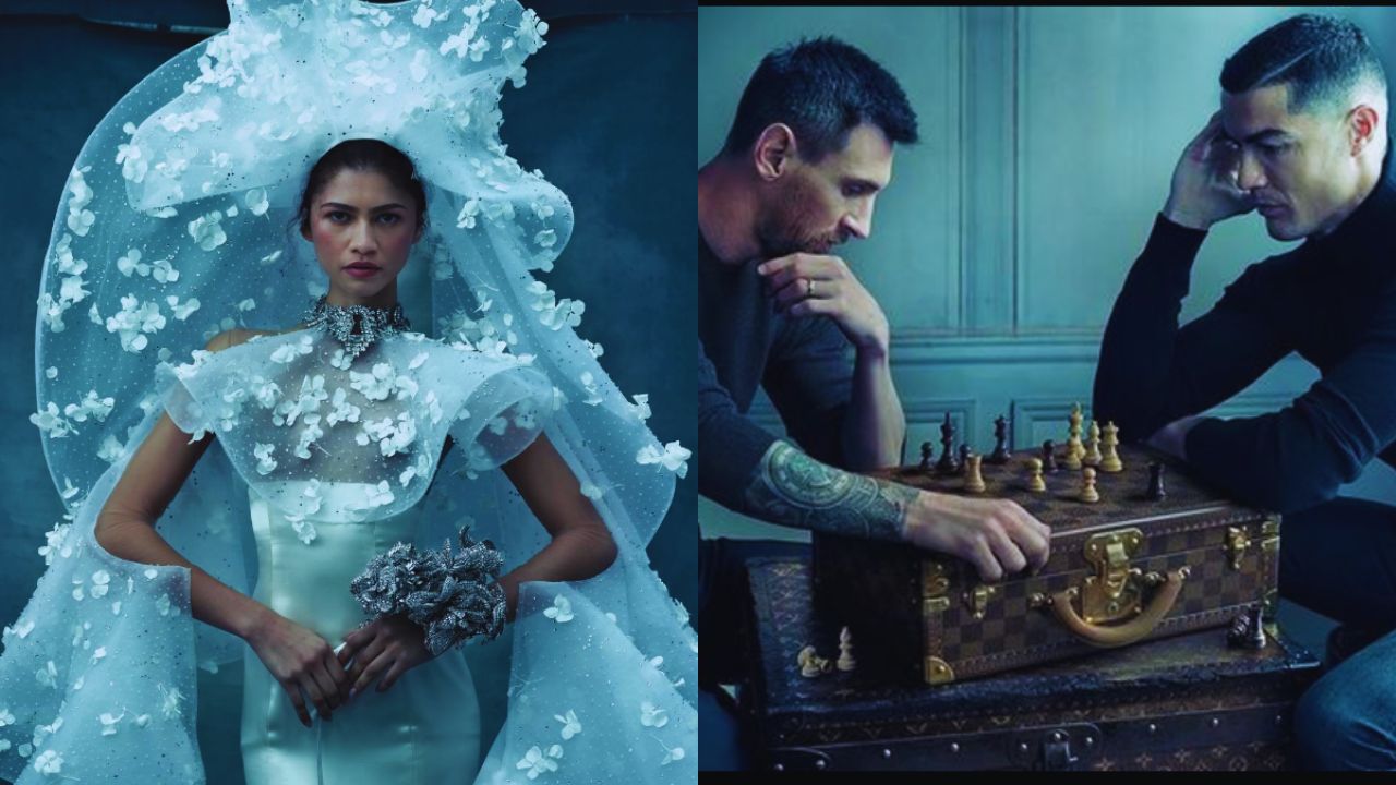 Fotos de Zendaya vestida de blanco y de Lionel Messi y Cristiano vestidos de negro.