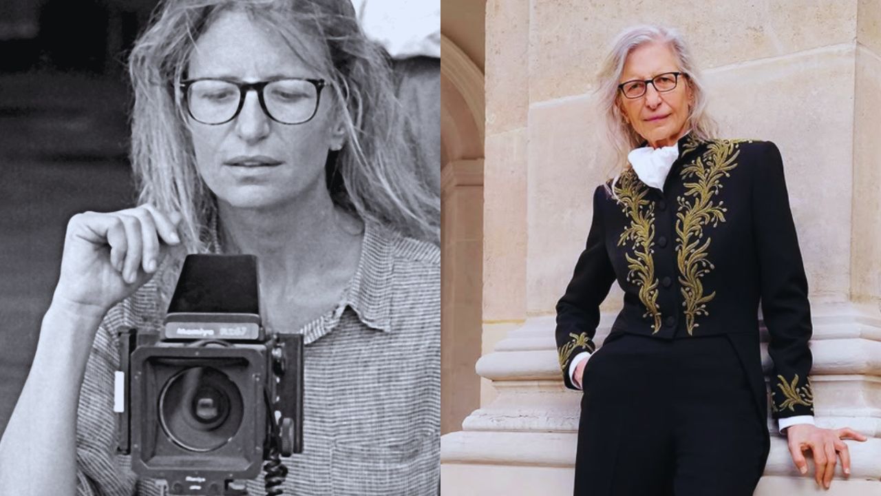 Dos fotos de Annie Leibovitz vestida de negro.