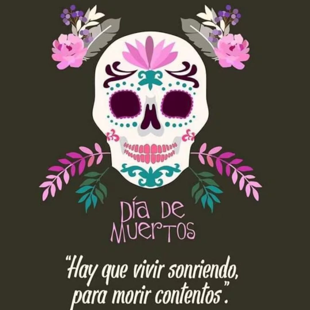 Calavera decorada con frase de día de muertos.