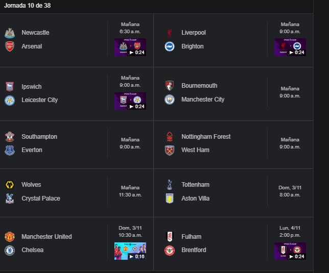 Foto de los horarios de los partidos de la jornada 10 de la Premier League 