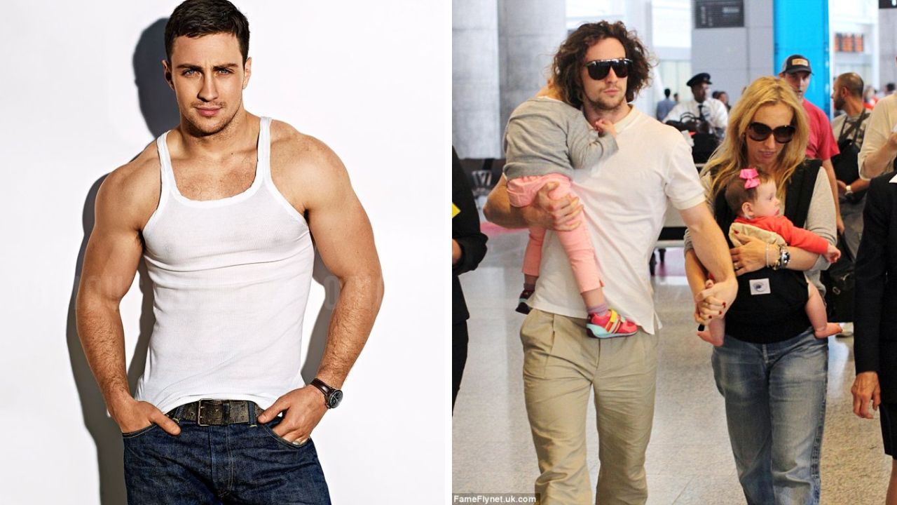 Fotografía de Aaron Taylor Johnson con sus hijas y esposa.