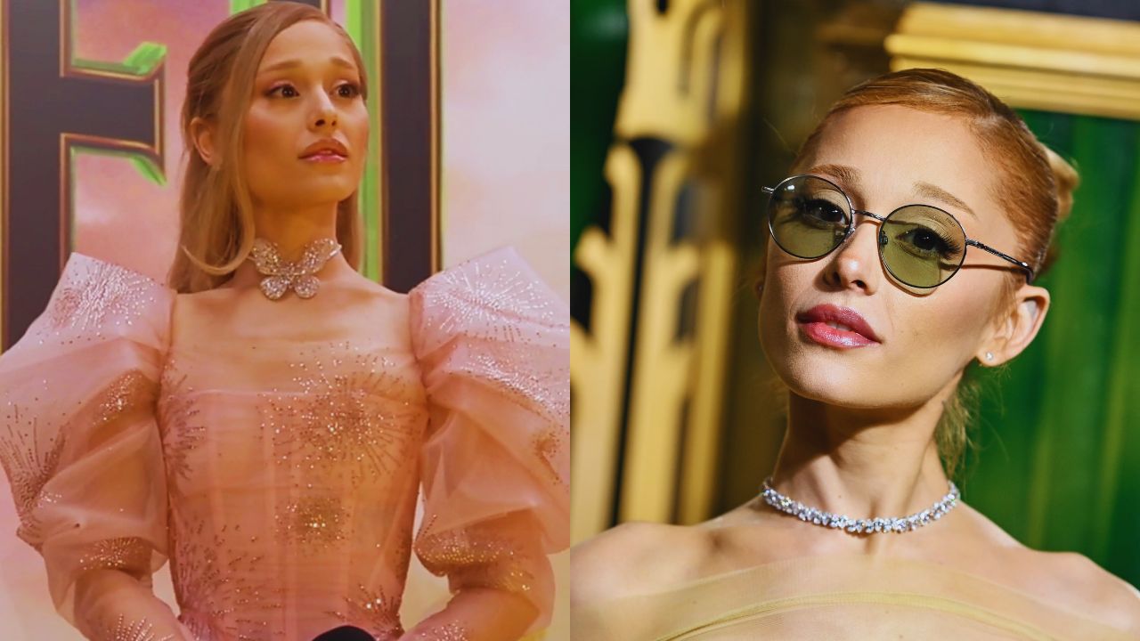 Dos fotos de Ariana Grande vestida de color rosado en la foto de la izquierda.